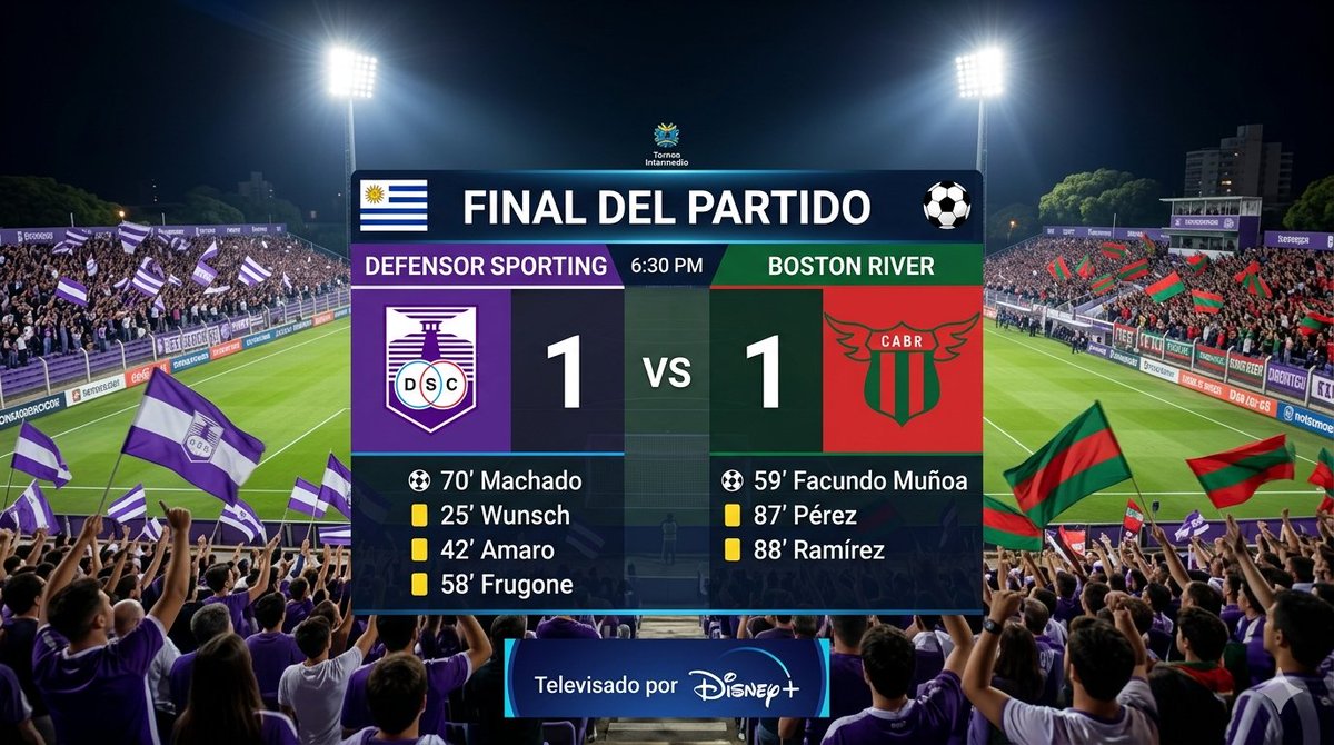 JuanPTeixeiraCM's tweet photo. Torneo Intermedio ⚽️🇺🇾 | Fecha 4️⃣

Final del partido en el Luis Franzini

🟣🟣 Defensor Sporting 1️⃣
🔴🟢 Boston River 1️⃣

59 Min. Facundo Muñoa [DEF]
70 Min. Machado [BOS]

#TorneoIntermedio #DefensorSporting #Defensor #BostonRiver #Boston #DefensorBoston https://t.co/TexYIpY0cE