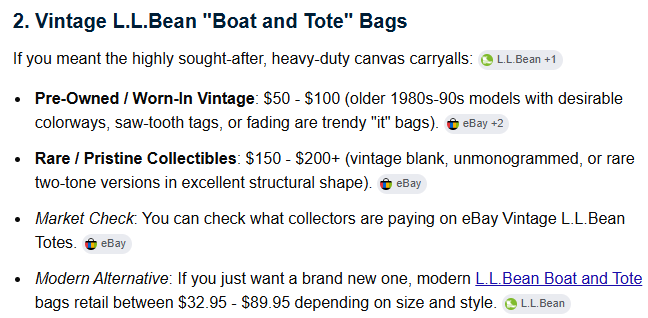 DejimaAT's tweet photo. アメリカでの「当時モノ」L.L.Bean Boat and Toteの価格は$50ー$200+　新品現行品が$32.95ー$89.95。
「当時モノ」を装った偽物の落札（サクラを含む）は除外し算出されるシステムが稼働しているらしい https://t.co/ozlSVR0S0G
