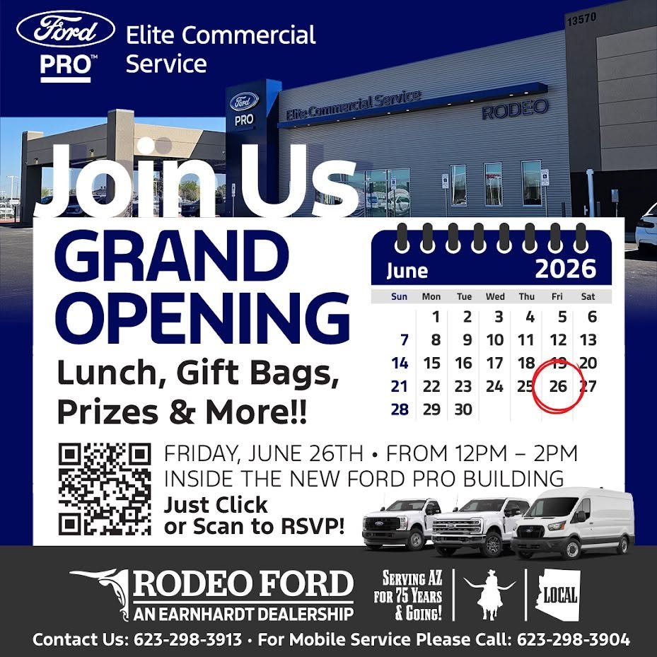EarnhardtAuto's tweet photo. You're invited! Join us for the Grand Opening of the Rodeo Ford Pro Elite Commercial Service Center on Friday, June 26th, from 12pm-2pm! There will be lunch, gift bags, prizes, &amp; more inside the New Ford Pro Building! We can't wait to see you!

RSVP Here: https://t.co/64Y2Z5r3fY https://t.co/mALBhI5NQY