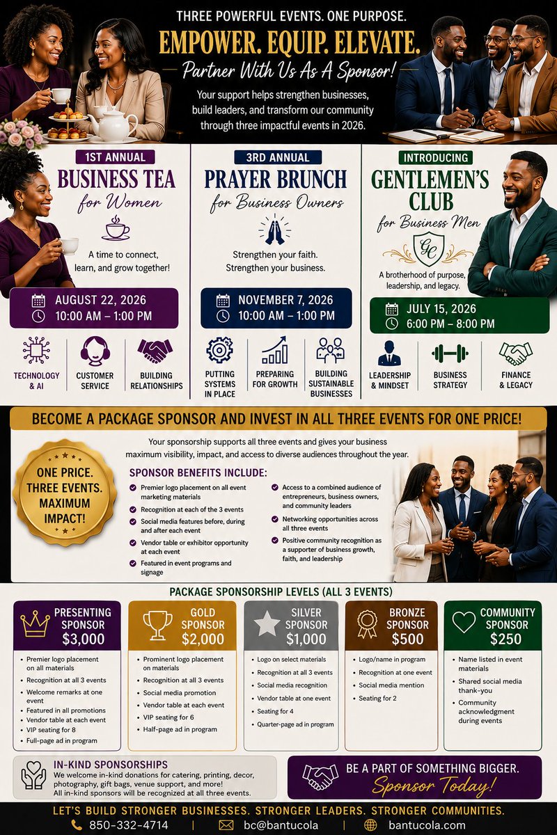 BantuCola's tweet photo. One Sponsorship. Three Events. Maximum Impact.🤝 Support the Gentlemen's Club for Business Men, Business Tea for Women, and Prayer Brunch for Business Owners. Sponsorships start at $250. Build visibility while strengthening our business community. 850-332-4714 | bc@bantucola.com https://t.co/xsajssV16B