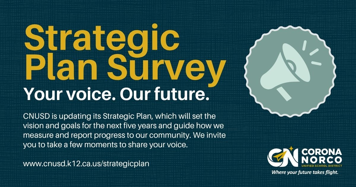 CNUSD's tweet photo. 📣 Your Voice. Our Future.

CNUSD is updating its Strategic Plan, and we want your feedback! Help shape the District's vision and priorities for the next five years.
Parents, staff, community members, and students are encouraged to participate.

Survey: https://t.co/2DnGs9CMLx https://t.co/zU4bEnWfci