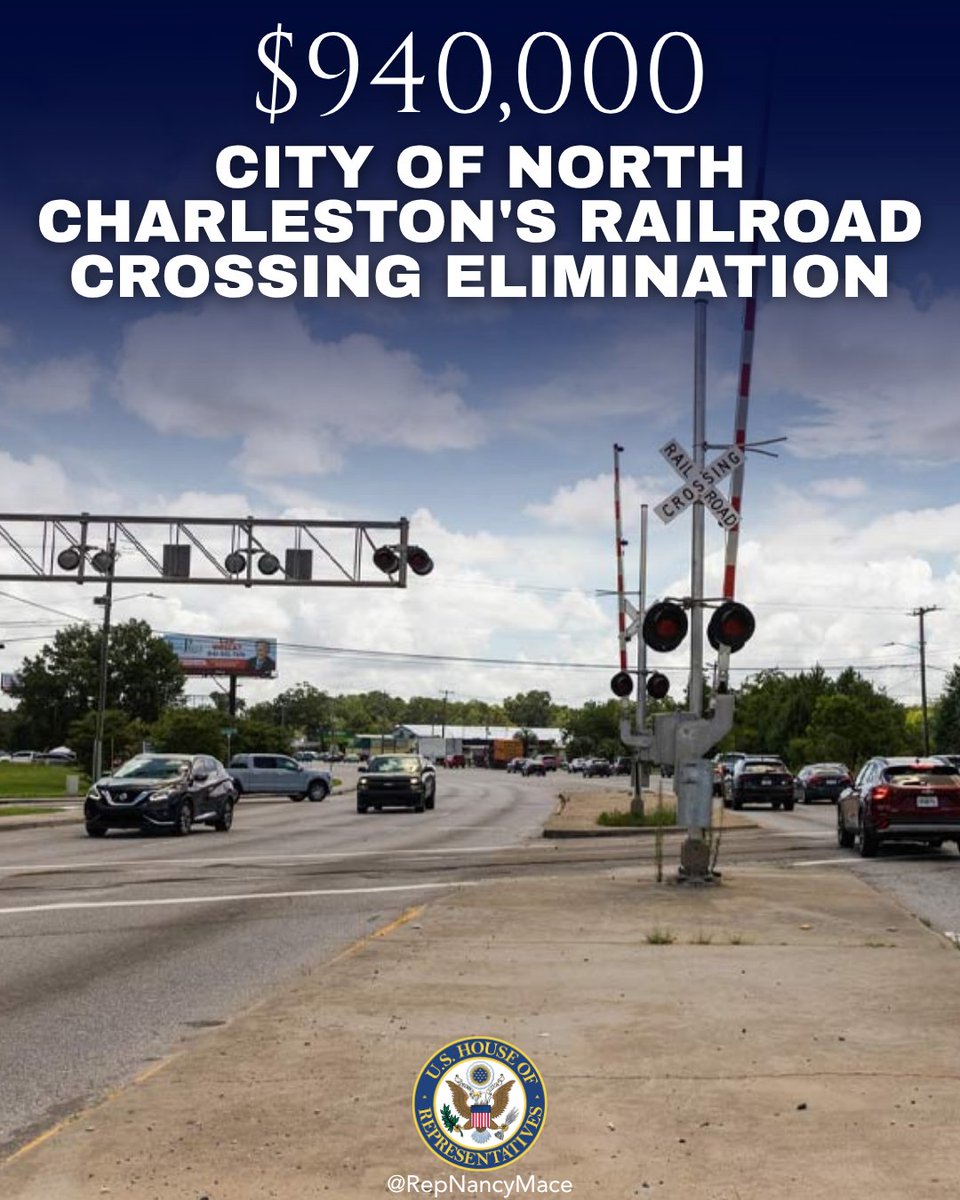 RepNancyMace's tweet photo. MACE WIN: We helped secure a $940,000 infrastructure grant for the City of North Charleston's Railroad Crossing Elimination.

This will fund constructing a new overpass to eliminate the existing crossing at the Rivers Avenue/Durant Avenue intersection in North Charleston.

The project will address the ongoing conflicts between Rivers Avenue and the freight rail line causing traffic delays and stoppages.

South Carolina STRONG.