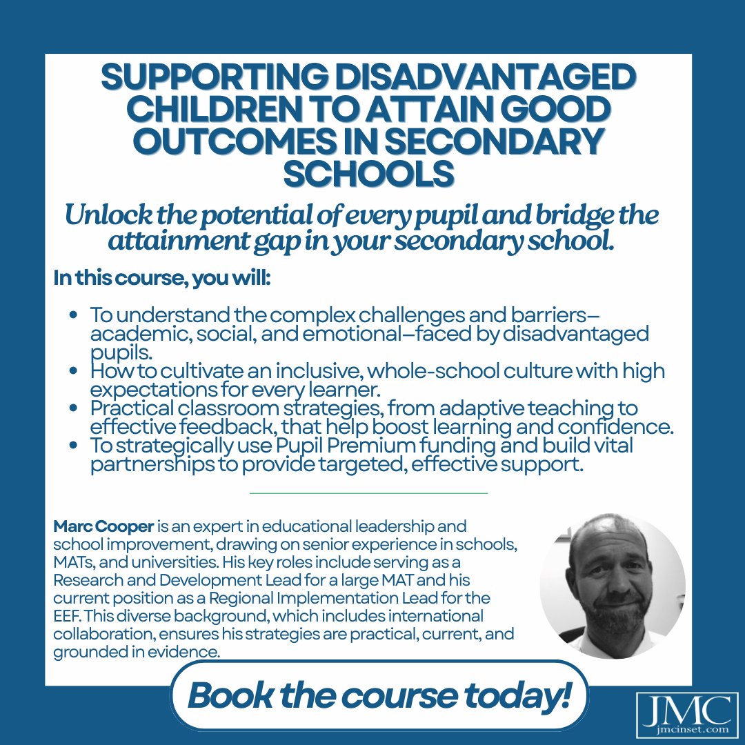 jmcinset's tweet photo. Bridging the attainment gap: Learn evidence-based strategies to support disadvantaged pupils in secondary schools. Focus on adaptive teaching &amp; effective Pupil Premium use with Marc Cooper (EEF).

📅 23 June 2026 | 4.00–6.30pm
🔗https://t.co/pO87JxpmMM https://t.co/ePSzCqFw9D