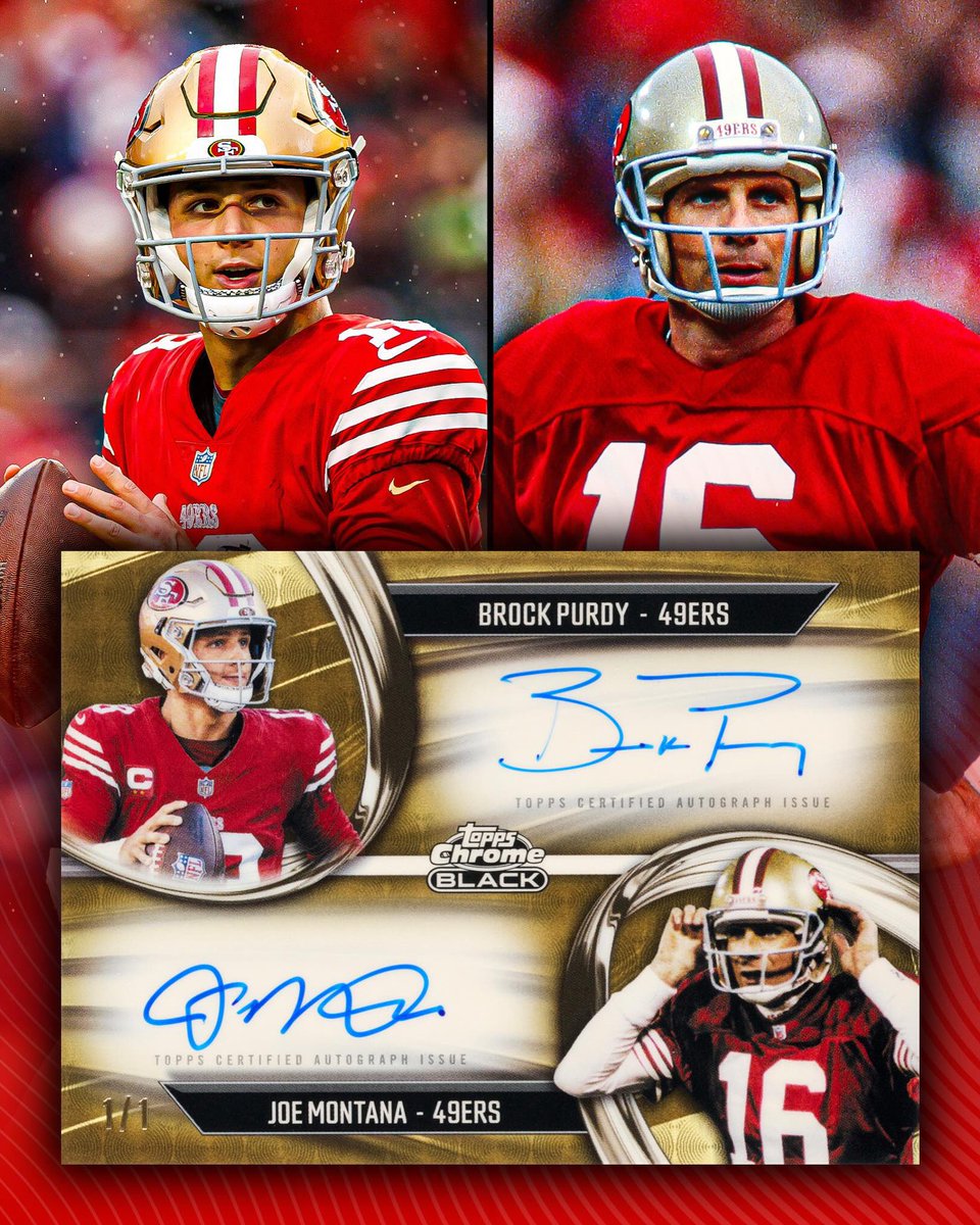 OurSf49ers's tweet photo. #49ers Brock Purdy and Joe Montana now have a signed 1-of-1 dual autograph trading card from @Topps 😮‍💨🔥 https://t.co/88vFcPmv7A