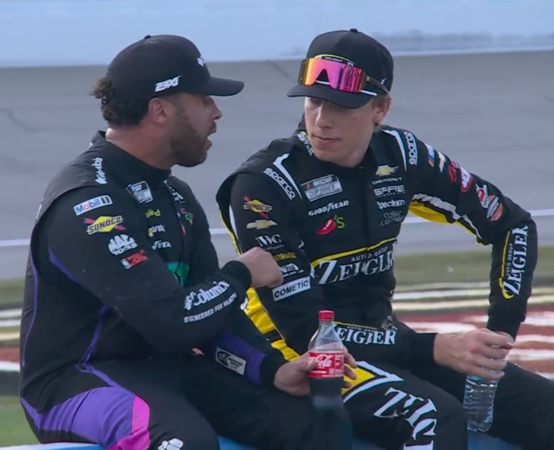 STaranto92's tweet photo. Bubba Wallace and Carson Hocevar were seen having a talk on the pit wall after finishing third and fifth respectively. What Bubba told the Prime broadcast he told Hocevar:

"I said 'I'm jealous of how fast you are, kid.' No doubt, he's one of the fastest in the field, and that's just natural ability. And so when you see that and you recognize that, I've got to give respect to it.

"But at the same time - Kevin Harvick told me, I don't know, whenever I was hitting shit four or five years ago, he said 'Stop hitting shit, and your finishes will show.' And that's what I simply tried to tell him, man.

"He's fast, he's going for every move every second, and it's not worth it. He's creating a lot of enemies. This is the same old story, same old Hocevar. But I just told him 'You're fast, a lot of us are jealous of what you have and what you're able to do, but we're beating you because we can put a race together better than you.' That's all."

Bubba got some damage in the multi-car crash on the restart that began with Hocevar, and also nearly got wiped out by the divebomb into Turn 3 Hocevar had that didn't stick.