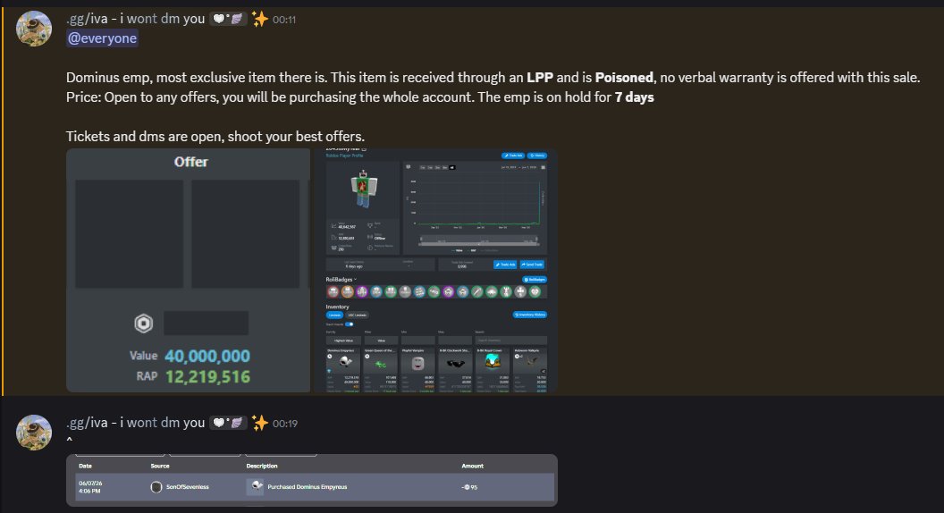 Chubbious_'s tweet photo. @Rolimons And now the account with emp is being sold lol https://t.co/qvrlBVX0Dt