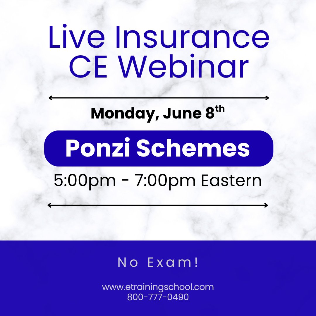 EITINS's tweet photo. Kick off your week with CE.

📅 June 8
🕔 5PM–7PM ET
📘 Ponzi Schemes

✔️ Live webinar
✔️ Attend anywhere
✔️ NO exams

Register now: https://t.co/gJQ1QvRwI2 https://t.co/k3XyEg4z7O