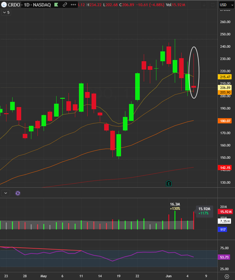 TauseefSharif's tweet photo. @SRxTrades Loving these setups but $CRDO last candle is ugly: https://t.co/zR3JJSGIG5