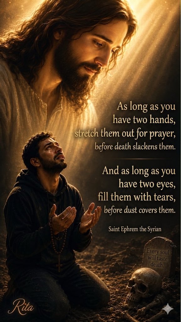 cycnow's tweet photo. Saint Ephrem the Syrian:

As long as you have hands,
stretch them out in prayer
before death slackens them.

And as long as you have eyes,
fill them with tears
before dust covers them."
(Graphic by Rita ElMeiri) 
#Cycnow #OrthodoxFathers https://t.co/8FztpRXVeB