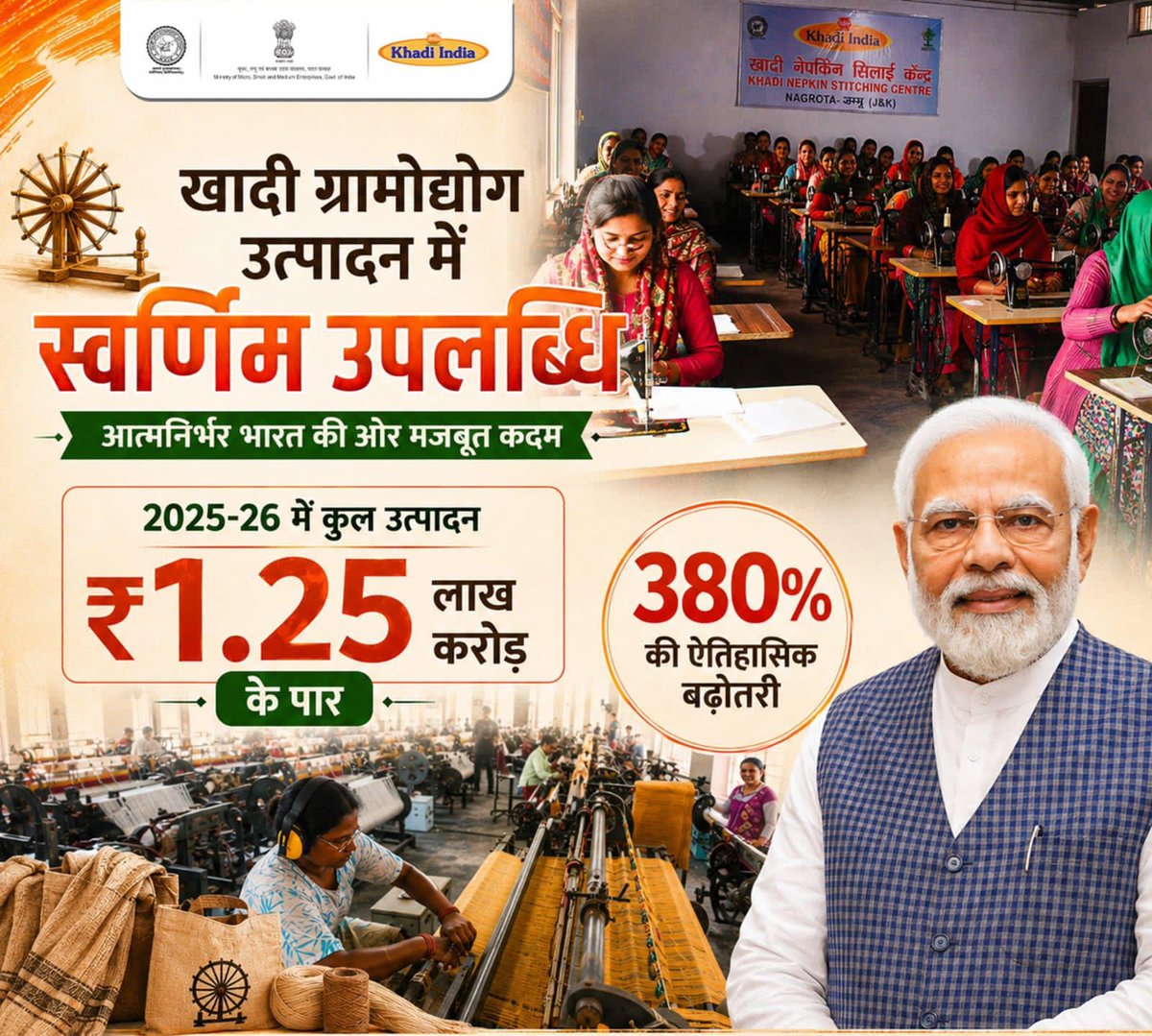 UpadhyaAlka's tweet photo. खादी ग्रामोद्योग: ग्रामीण समृद्धि और आत्मनिर्भर भारत की नई ताकत! 🇮🇳

माननीय प्रधानमंत्री श्री @narendramodi जी के ‘आत्मनिर्भर भारत’ और ‘वोकल फॉर लोकल’ के विजन ने खादी एवं ग्रामोद्योग क्षेत्र को अभूतपूर्व गति प्रदान की है। https://t.co/L9PqX1XNul