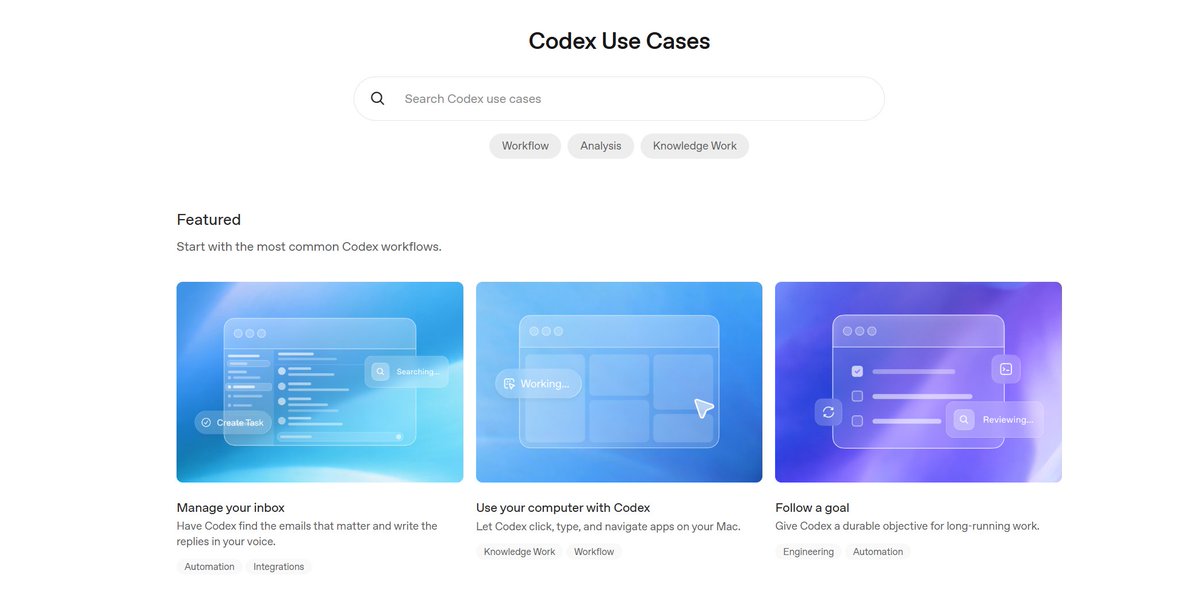 Tozxart's tweet photo. I think a lot of people still picture coding agents as something that helps you autocomplete code. but the Codex use cases page tells a very different story. engineering work, product work, QA, security, data analysis, internal tools and life sciences workflows. real teams are handing all of this over to agents and it's actually working. we're past the demo phase