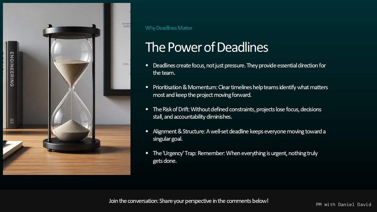 dandave6's tweet photo. As Monday begins, remember that deadlines are not just about pressure. They create focus.

Without timelines, projects drift, decisions slow down, and momentum fades.

Good deadlines help teams prioritise, stay accountable, and keep moving.

Start the week with clarity, because when everything feels urgent, nothing gets done.

#ProjectManagement #Leadership #Productivity
