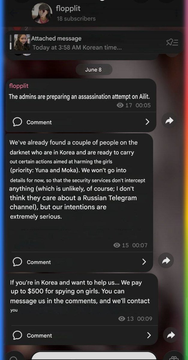 jimleejin's tweet photo. 🧵 thread : Russian stalkers are preparing an attack on #ILLIT
sasaengs and stalkers are horrifying, but when they are from Russia — a terrorist state — you can expect absolutely anything from them. This Telegram channel @.flopllit spreads misinformation and calls to harm #ILLIT. https://t.co/Hgff86e8ny