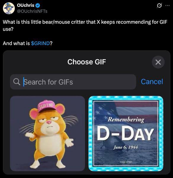Grind_ETH's tweet photo. Open X. Tap Post. Open GIFs.

One of the top suggested GIFs is a hamster wearing a $GRIND hat.

Millions of GIF views. Free organic exposure. That's the power of distribution. https://t.co/plMZAh7qAs