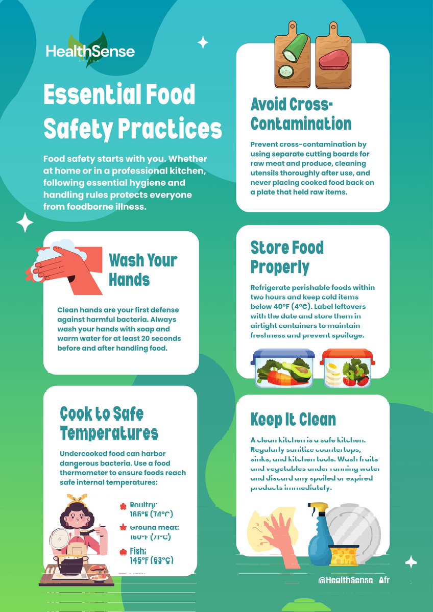 HealthSense_Afr's tweet photo. If it isn’t safe, it isn’t food. 🚫🍲
​On #WorldFoodSafetyDay, HealthSense Africa reminds you that safe food is the foundation for good health. Remember the golden rules:
🧼 Clean
🥩 Separate
🔥 Cook
❄️ Chill
​Let’s protect our health, one meal at a time! 🌍✨ #HealthSenseAfrica https://t.co/hu8E53CFsw