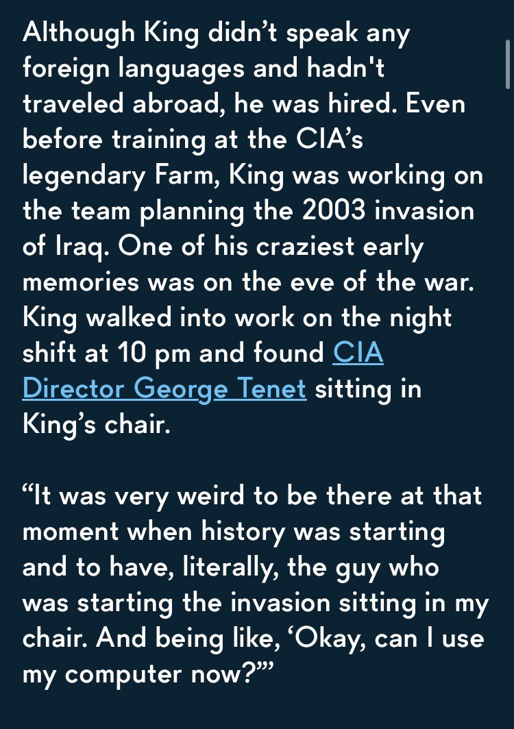 wcnderfate's tweet photo. @my_that79452 to all the people being idiots, king himself said he helped plan the iraq invasion. he’s also proud of being part of the cia and loved being in war zones https://t.co/ccjWU3tYIZ