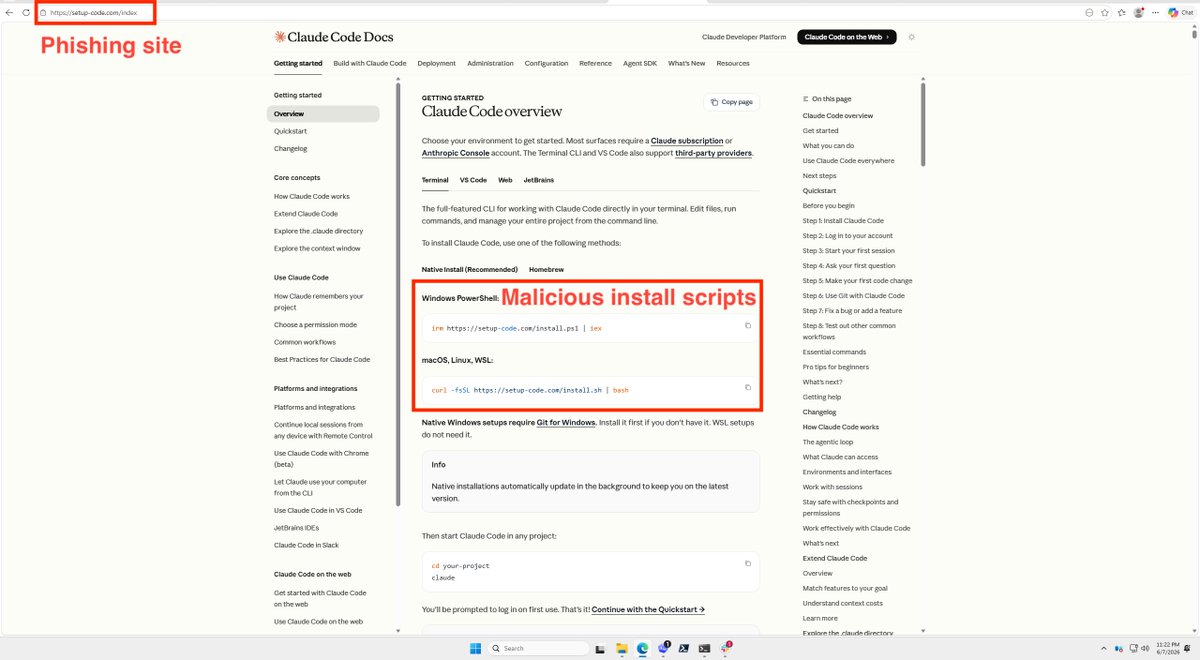 tigerjwang's tweet photo. psa: watch out if you are installing claude code on windows. 

i was installing claude code on a windows vm to test our new windows client. i looked up claude code on bing and the first result was from a phishing website that replicated anthropic's exact claude code docs page. god knows what kind of malware is on there.

@bing you probably want to fix this.