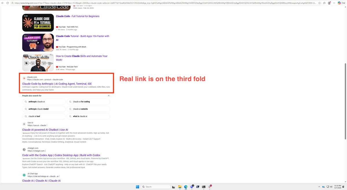 tigerjwang's tweet photo. psa: watch out if you are installing claude code on windows. 

i was installing claude code on a windows vm to test our new windows client. i looked up claude code on bing and the first result was from a phishing website that replicated anthropic's exact claude code docs page. god knows what kind of malware is on there.

@bing you probably want to fix this.
