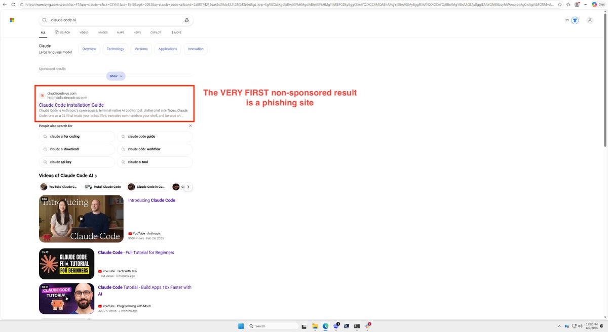 tigerjwang's tweet photo. psa: watch out if you are installing claude code on windows. 

i was installing claude code on a windows vm to test our new windows client. i looked up claude code on bing and the first result was from a phishing website that replicated anthropic's exact claude code docs page. god knows what kind of malware is on there.

@bing you probably want to fix this.