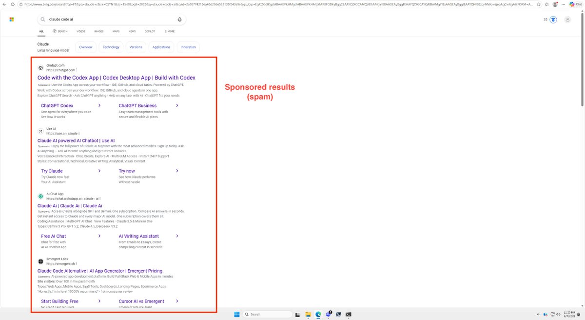 tigerjwang's tweet photo. psa: watch out if you are installing claude code on windows. 

i was installing claude code on a windows vm to test our new windows client. i looked up claude code on bing and the first result was from a phishing website that replicated anthropic's exact claude code docs page. god knows what kind of malware is on there.

@bing you probably want to fix this.