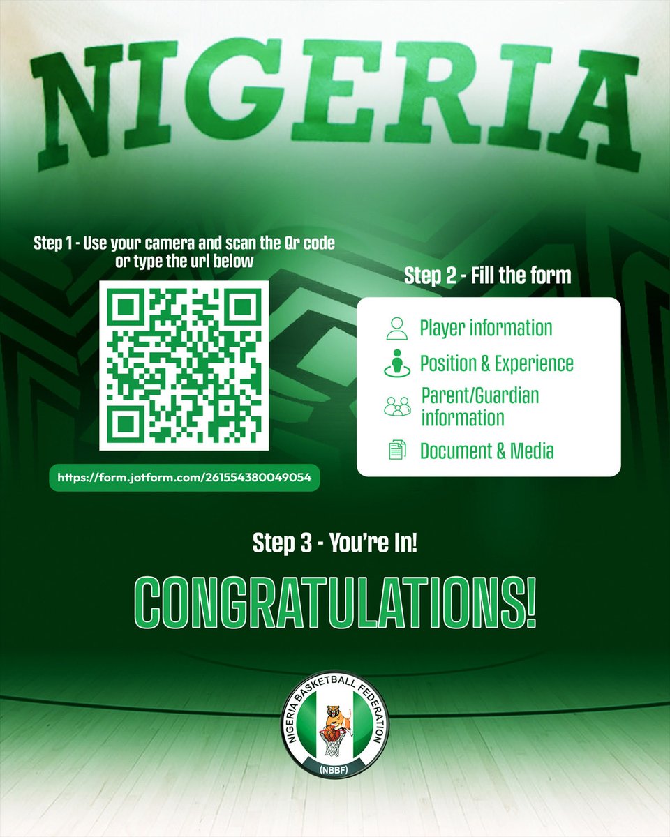 OfficialTNBball's tweet photo. The Nigeria Basketball Federation is officially opening its talent pool. Whether you’re based in Nigeria or abroad, if you have Nigerian heritage and the game to match, we want to know about you.

Here’s how it works:
1- Scan the QR code on slide 2 or visit the link in our bio

2- Fill out the registration form with your player info, position, experience, parent/guardian details, and highlight video

3- That’s it, you’re in the pool

Our coaching staff will review every submission. This is your shot. Don’t leave it on the table. 🙌🏾

#NigeriaBasketball #NBBF #dtigers #dtigress