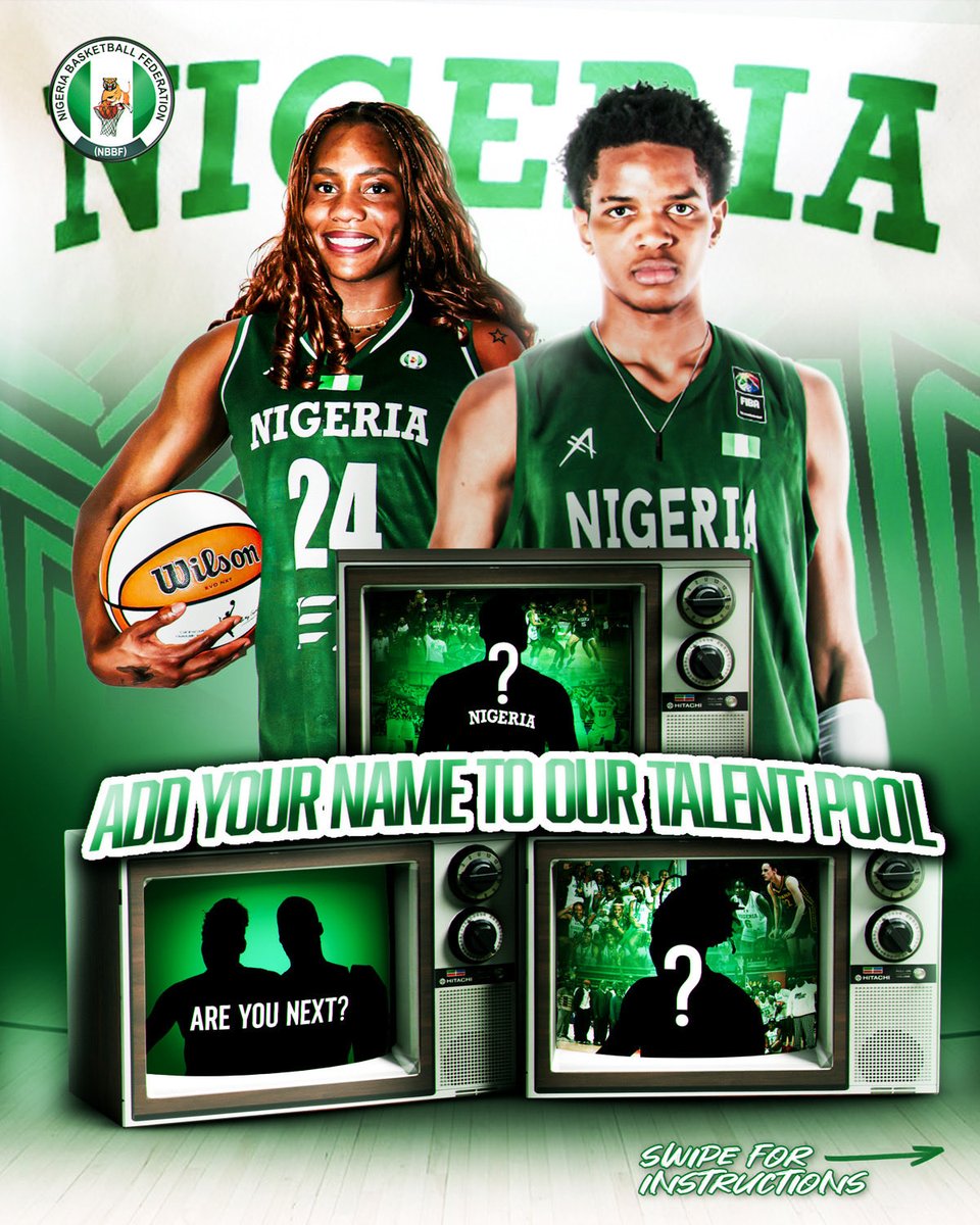 OfficialTNBball's tweet photo. The Nigeria Basketball Federation is officially opening its talent pool. Whether you’re based in Nigeria or abroad, if you have Nigerian heritage and the game to match, we want to know about you.

Here’s how it works:
1- Scan the QR code on slide 2 or visit the link in our bio

2- Fill out the registration form with your player info, position, experience, parent/guardian details, and highlight video

3- That’s it, you’re in the pool

Our coaching staff will review every submission. This is your shot. Don’t leave it on the table. 🙌🏾

#NigeriaBasketball #NBBF #dtigers #dtigress