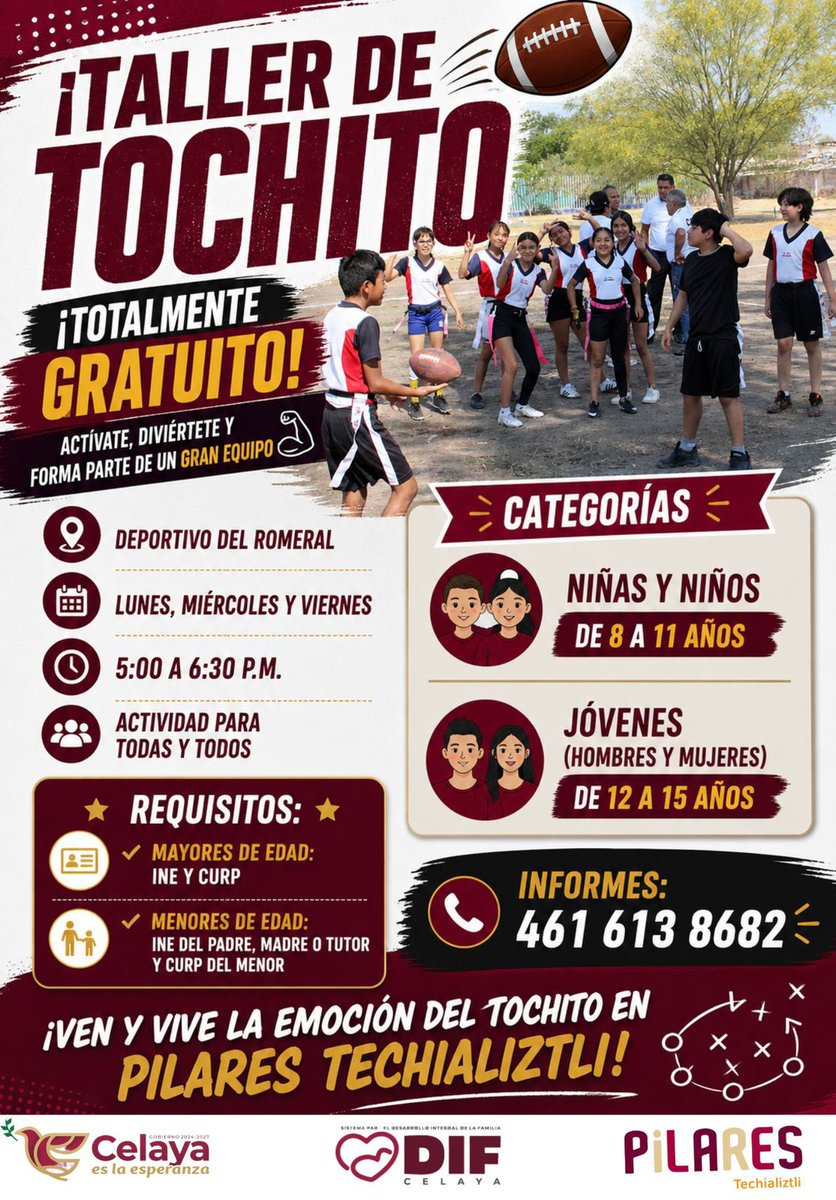 DIFcelaya's tweet photo. ¡Actívate y forma parte del equipo!
En PILARES Techializtli te invitamos al
Entrenamiento de Tochito del Romeral
Días: Lunes, miércoles y viernes
Horario: 5:00 p.m. a 6:30 p.m.

° Lugar: Deportivo del Romeral

Pilares Celaya 
Entrenamientos 
Lunes y miércoles 
Horario: 5:00 a 6 https://t.co/rCM9gq6L27