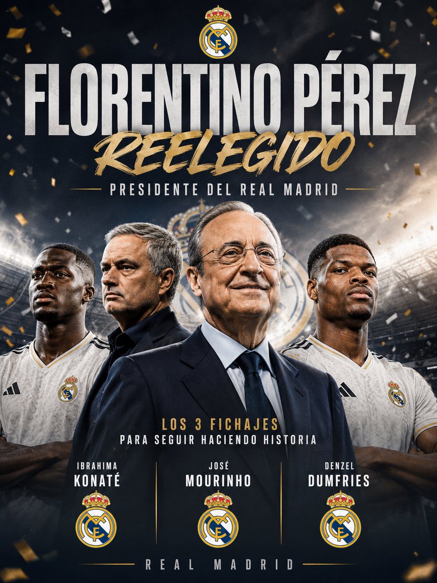futbolnamass's tweet photo. ⚽🤍🚨 𝗙𝗟𝗢𝗥𝗘𝗡𝗧𝗜𝗡𝗢 𝗣𝗘́𝗥𝗘𝗭 𝗬𝗔 𝗧𝗜𝗘𝗡𝗘 𝗧𝗥𝗘𝗦 𝗙𝗜𝗖𝗛𝗔𝗝𝗘𝗦 𝗖𝗘𝗥𝗥𝗔𝗗𝗢𝗦 𝗣𝗔𝗥𝗔 𝗘𝗟 𝗥𝗘𝗔𝗟 𝗠𝗔𝗗𝗥𝗜𝗗

🗳️ Tras ser reelegido como presidente del Real Madrid CF, Florentino Pérez ya habría asegurado tres incorporaciones de cara a la próxima temporada.

📋 Los fichajes ya cerrados serían:
1️⃣ José Mourinho regresando como entrenador del equipo
2️⃣ Ibrahima Konaté llegando como agente libre desde el Liverpool
3️⃣ Denzel Dumfries procedente del Inter de Milán

💰 Además, el club blanco prepararía una oferta de 150 millones de euros para el próximo martes por una estrella mundial aún sin confirmar.

👀 La gran incógnita sigue en el aire: ¿quién será el nuevo galáctico del Real Madrid?

⸻

⚽🤍🚨 𝗙𝗟𝗢𝗥𝗘𝗡𝗧𝗜𝗡𝗢 𝗣𝗘́𝗥𝗘𝗭 𝗛𝗔𝗦 𝗧𝗛𝗥𝗘𝗘 𝗗𝗘𝗔𝗟𝗦 𝗔𝗟𝗥𝗘𝗔𝗗𝗬 𝗗𝗢𝗡𝗘 𝗔𝗧 𝗥𝗘𝗔𝗟 𝗠𝗔𝗗𝗥𝗜𝗗

🗳️ After being re-elected as president of Real Madrid CF, Florentino Pérez has already secured three signings for next season.

📋 The completed deals would be:
1️⃣ José Mourinho back as the head coach
2️⃣ Ibrahima Konaté arriving on a free transfer from Liverpool
3️⃣ Denzel Dumfries coming from Inter Milan

💰 In addition, Real Madrid are preparing a €150 million bid next Tuesday for an undisclosed world-class superstar.

👀 The big question remains: who will be the next Galáctico?

#florentinopérez #realmadrid #football #futbolnamass