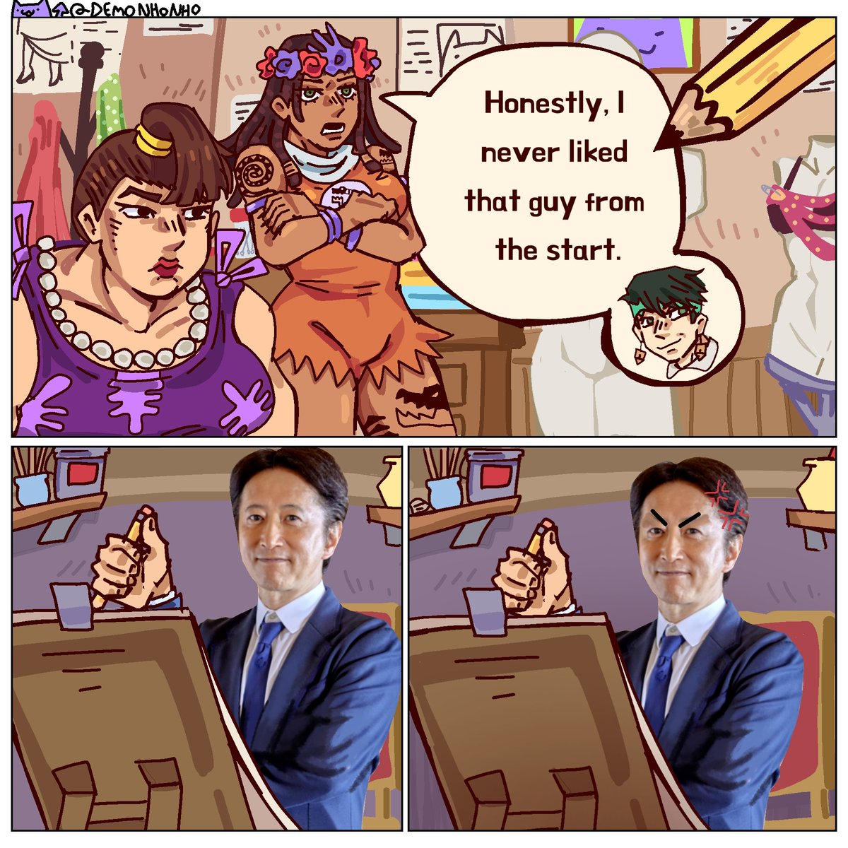 Demonhonho's tweet photo. She shouldn't have spoken ill of the great Ronan Kishibe

(Happy belated birthday, Hirohiko Araki! 🎉)

#dragonajoestar #jodiojoestar  #merylmei #ronankishibe #jjba #jojolands https://t.co/Mr4tltrOeY