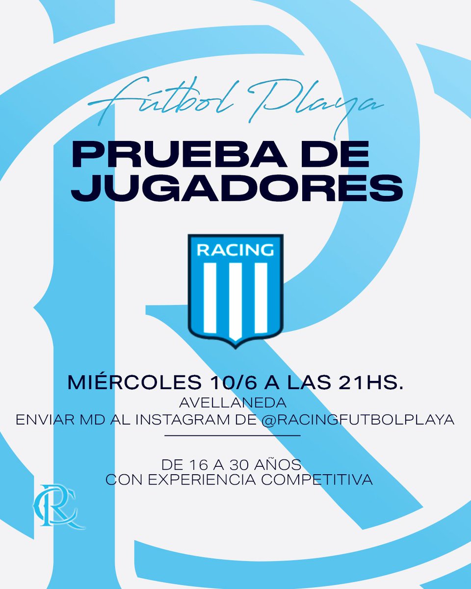 RacingFutPlaya's tweet photo. ¡𝐏𝐑𝐔𝐄𝐁𝐀 𝐃𝐄 𝐉𝐔𝐆𝐀𝐃𝐎𝐑𝐄𝐒!

🗓️ Miércoles 10/6
⚽ De 16 a 30 años
⏰ 21hs
❕Postulantes enviar datos por MD al Instagram: @racingfutbolplaya.

⚠️ NO ESTÁ PERMITIDO TRAER INDUMENTARIA DE OTROS CLUBES. https://t.co/aKP84b3yKZ