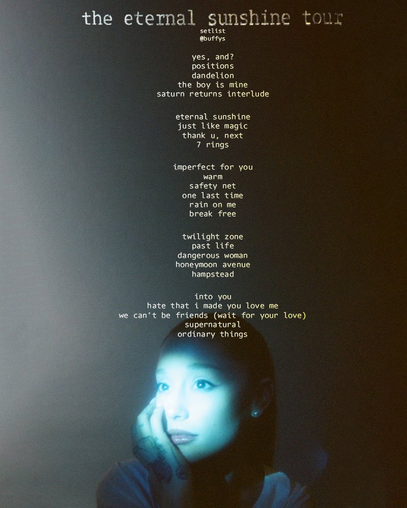bopplive's tweet photo. 👀 ¿Qué les pareció el set list de the eternal sunshine tour? 

Sacarían alguna canción? Cuál agregarían? https://t.co/JQYDDuW9ac