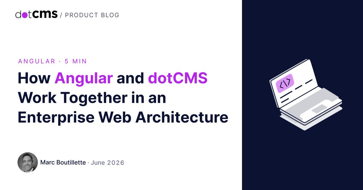 dotcms's tweet photo. Enterprise Angular projects need two things: developer control over the front end, and governed content operations behind it.

The dotCMS Angular SDK handles both. Here's how the architecture works.

🟣https://t.co/oUzM3HYqAC https://t.co/WoyBcXHwR8