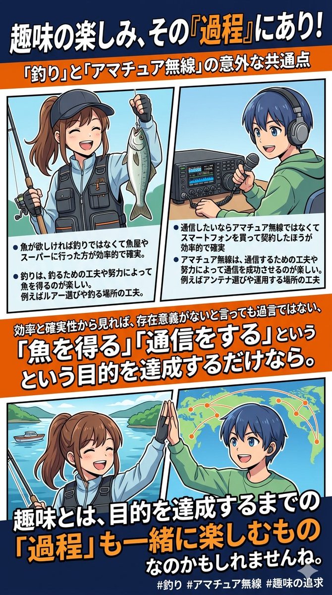 7L4XQI's tweet photo. 同じプロンプト（指示文）を入力して、Grok、Gemini、ChatGPTにポスターを作ってもらいました。それぞれなかなか個性的です。

1枚目は「今回のプロンプト紹介」です。すべてこれで作成してもらっています。

2枚目はXのメニューに表示されているGrokに作成してもらいました。誰か解読してください…

3枚目はGoogleのAIモード、Geminiに作成してもらいました。なかなかうまくまとまっています。

4枚目はChatGPTに作成してもらいました。釣りとアマチュア無線の対比が上手で、それぞれに添えられた画像もなかなかのものです。

今回は釣りとアマチュア無線の趣味としての共通点を3者に描いてもらいました。また何かやってみたいと思います。

#アマチュア無線 #釣り #趣味 #生成AI