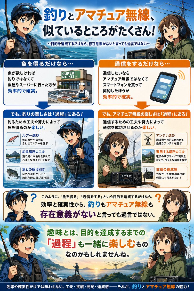 7L4XQI's tweet photo. 同じプロンプト（指示文）を入力して、Grok、Gemini、ChatGPTにポスターを作ってもらいました。それぞれなかなか個性的です。

1枚目は「今回のプロンプト紹介」です。すべてこれで作成してもらっています。

2枚目はXのメニューに表示されているGrokに作成してもらいました。誰か解読してください…

3枚目はGoogleのAIモード、Geminiに作成してもらいました。なかなかうまくまとまっています。

4枚目はChatGPTに作成してもらいました。釣りとアマチュア無線の対比が上手で、それぞれに添えられた画像もなかなかのものです。

今回は釣りとアマチュア無線の趣味としての共通点を3者に描いてもらいました。また何かやってみたいと思います。

#アマチュア無線 #釣り #趣味 #生成AI