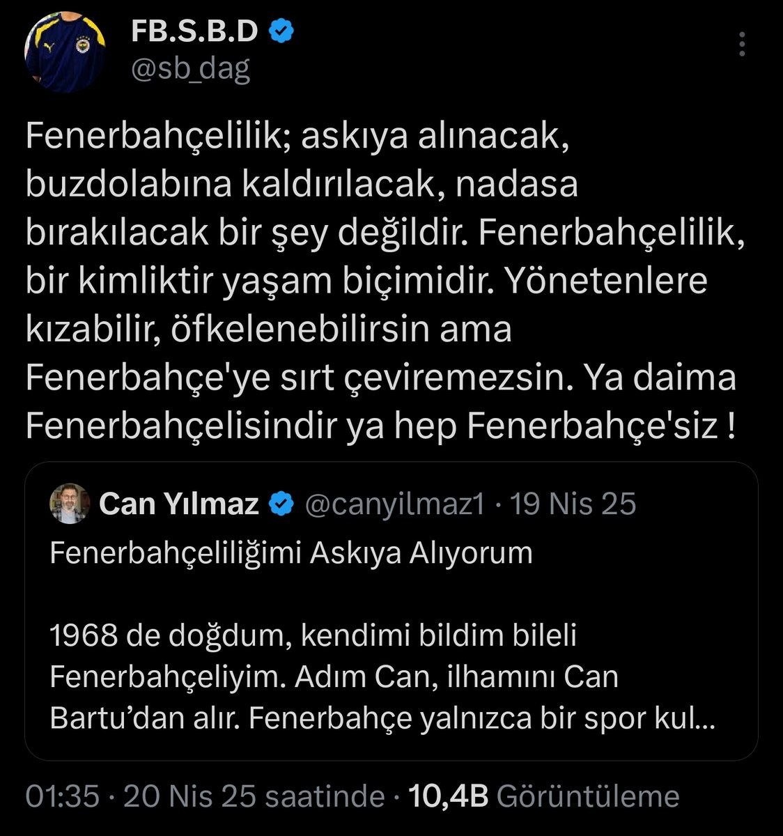 sb_dag's tweet photo. Gerçek Fenerbahçeli, hiçbir koşulda Fenerbahçe'den vazgeçmez. Hiçbir koşulda Fenerbahçe'ye sırt çevirmez. https://t.co/RqfDQ5BXVa
