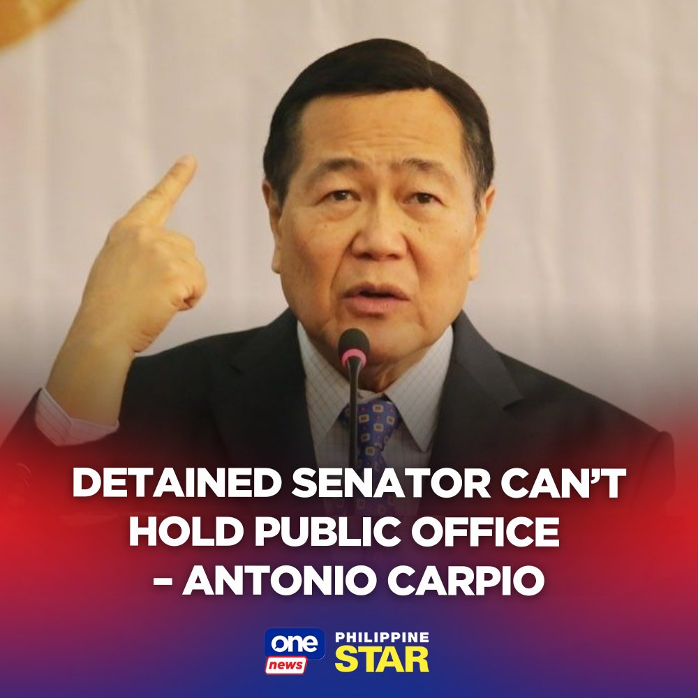 PhilippineStar's tweet photo. “A senator who is a detention prisoner cannot hold public office…Necessarily, he cannot be included in determining any quorum or majority vote,” former Supreme Court senior associate justice Antonio Carpio said. https://t.co/vKp604kC0G | via @onenewsph https://t.co/AE7I5bywtA