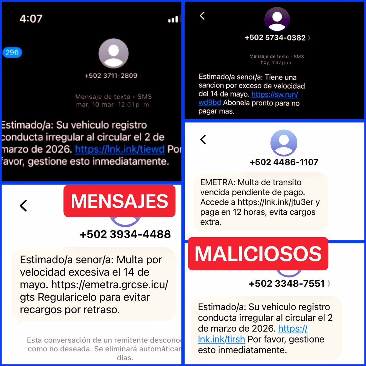 amilcarmontejo's tweet photo. ¡Alerta, alerta, alerta!

Nuevamente están enviando mensajes para engañarlo, embaucarle y hasta posiblemente extorsionarla.

⚠️ No ingrese a esos link, son maliciosos, mal intencionados, #PoliciaMT y #EMETRA no realizan esas notificaciones.

Sigan denunciando, aquí hay 4 números de teléfono que deben tener nombre y apellido para su registro, guárdelos y no deje que ingresen a su teléfono. 

#TransitoGT #TraficoGT #PoliciaMT #InformacionGT #NoticiaGT #AmilcarMontejo #VialGT #MovilidadGT