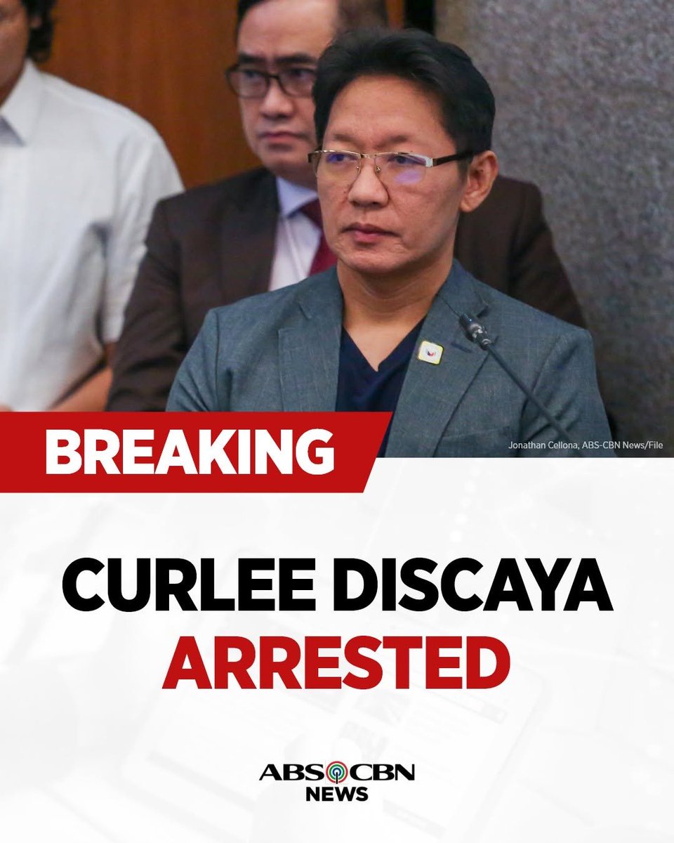ABSCBNNews's tweet photo. BREAKING: Arestado ang kontratistang si Curlee Discaya sa bisa ng warrant kaugnay ng kasong malversation na isinampa ng Ombudsman bunsod ng maanomalyang flood control project sa Bulacan.

Inaresto siya sa Senado, kung saan siya nakadetene dahil sa contempt. https://t.co/bTTF2oji7V