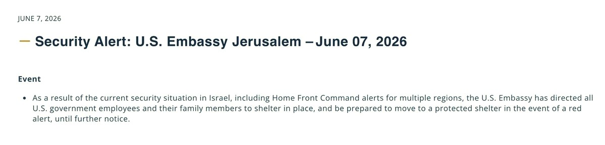 epha622's tweet photo. US Embassy in Jerusalem just told all government staff and their families to shelter in place right now. https://t.co/tgzq8abUNV
