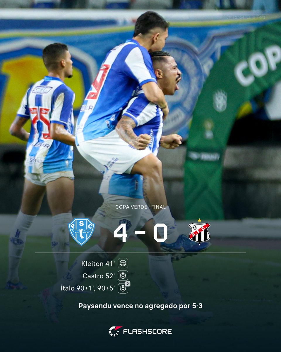FlashscoreBR's tweet photo. PAPÃO ESPETACULAR 🔵⚪
O Paysandu alcança um resultado histórico, vira o agregado de 3-1 para 5-3 e é o grande campeão da Copa Verde.
#paysandu #copaverde #futebol #campeao https://t.co/AKNOx8AvyH