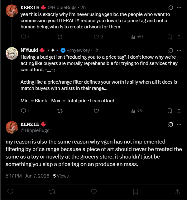 nyewkey's tweet photo. Just for the record since this person blocked me... 😂

Gotta love the strawman.

Nobody is saying art should be treated like mass-produced products. The listings already have a price. Buyers will make a purchase decision based on that price...

The only difference is if the platform makes them scroll through an infinity maze, clicking through 100 different listings to discover it like they're hunting for buried treasure, or lets them filter by what they can afford up front. 🥴