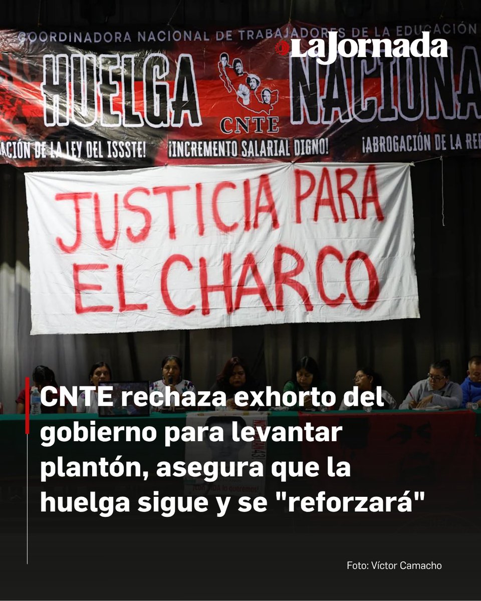 lajornadaonline's tweet photo. Ante el exhorto del gobierno federal de levantar el plantón que iniciaron el lunes pasado debido a que autoridades les presentaron una propuesta la semana pasada, la CNTE, aseguró que la huelga sigue y se “reforzará”.

Integrantes de la Comisión Nacional Única de Negociación (CNUN) aseguraron que el documento difundido ayer en las cuentas sociales de las secretarías de Gobernación y Educación Pública no se les hizo llegar por ningún canal oficial y consideraron como “mediático” su publicación.

Más información en: https://t.co/5Zku8EOveh