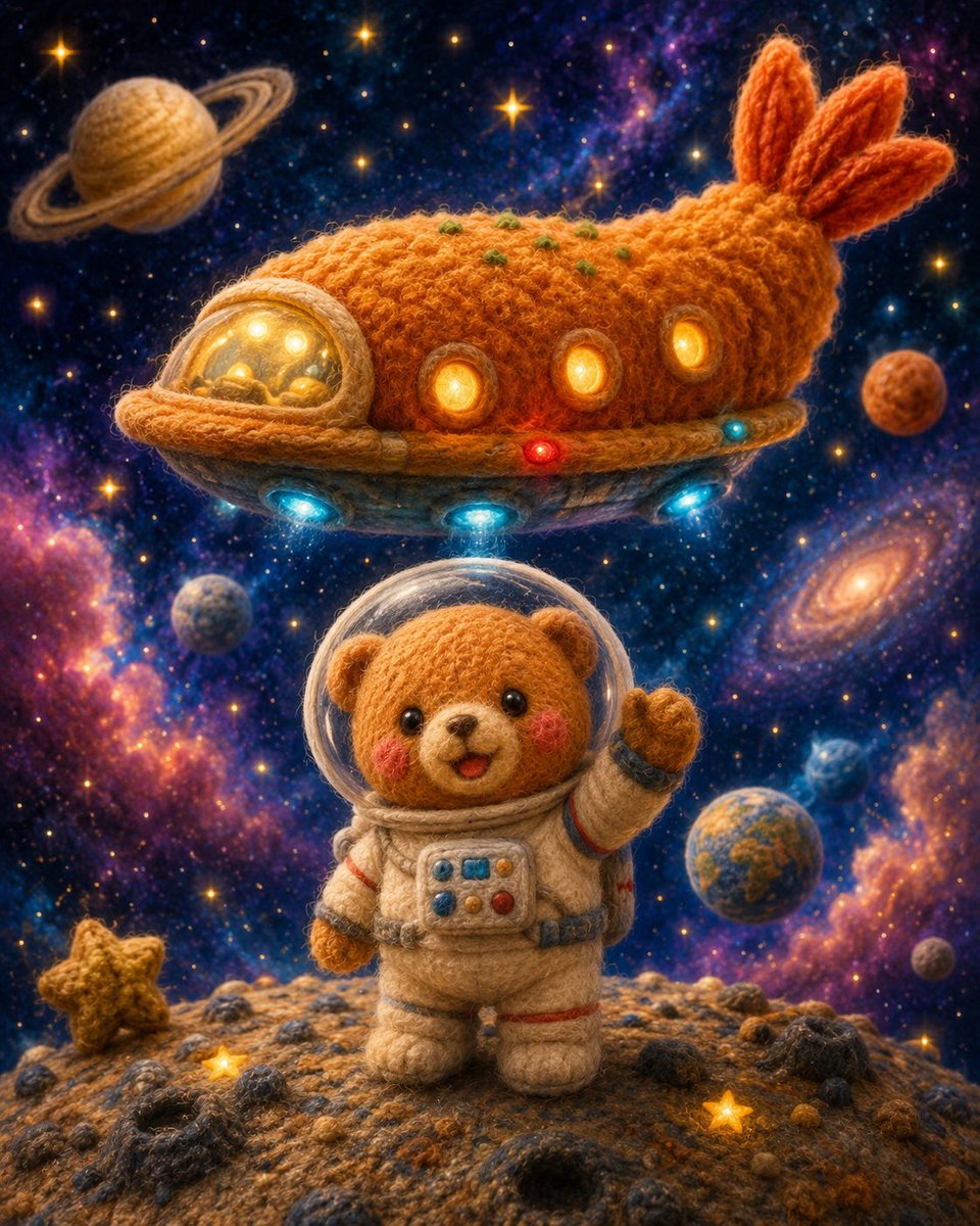 mainosoulmap's tweet photo. エビフライ型UFOに乗って、
今日も宇宙をおさんぽ中🍤🚀✨

目的地は未定。
でも楽しそうだからヨシ🧸💕

#くまたん #AIアート #宇宙旅行 #羊毛フェルト #エビフライ https://t.co/BWvu615Zv6