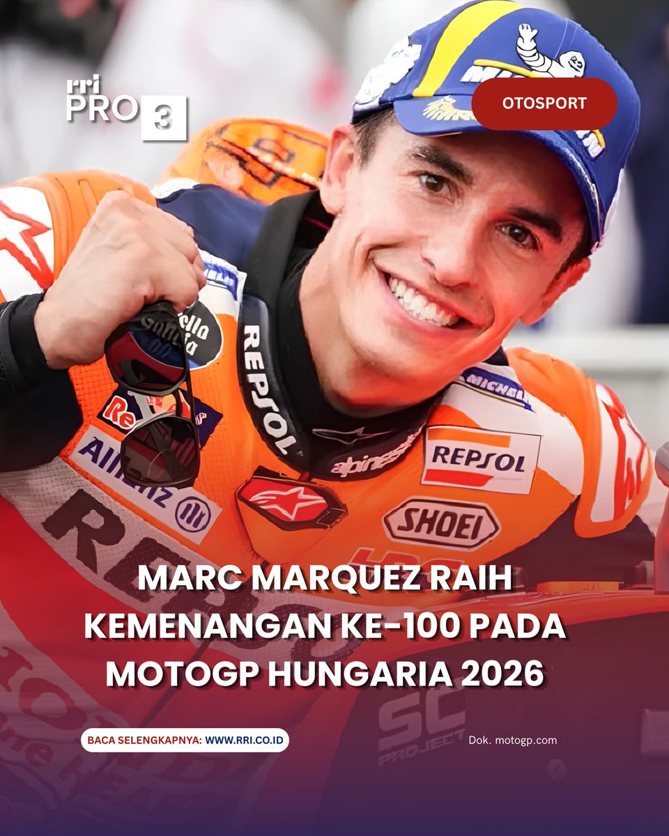 RRIPrograma3's tweet photo. Pembalap Ducati, Marc Marquez, menjuarai MotoGP Hungaria setelah mengalahkan Pedro Acosta dalam duel sengit di Sirkuit Balaton Park. Kemenangan itu menjadi yang pertama baginya pada musim 2026 sekaligus kemenangan ke-100 di Kejuaraan Dunia.
Selengkapnya: https://t.co/oTCSJ9q5aG https://t.co/GRPOeLqyDc