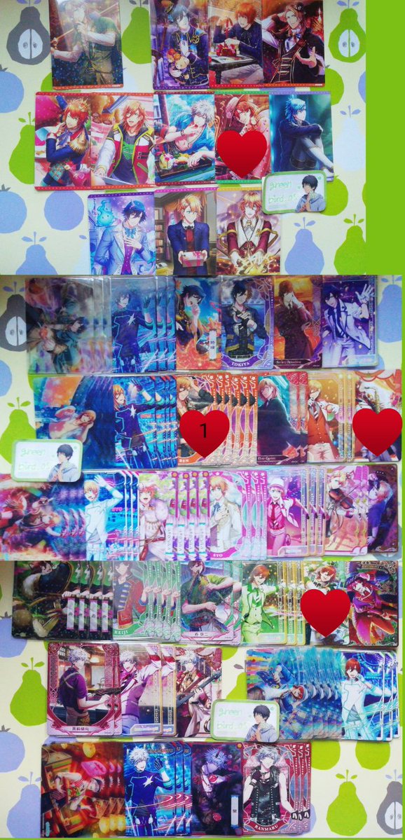 aimia006's tweet photo. @greenbird_05 おはようございます。お世話になっております。
添付の物を所持しているのですが、画像をお借りし印を付けた4点と郵送交換可能な物はございますでしょうか？特典嶺二を最優先に求めております。
ご検討いただけますと幸いです。どうぞよろしくお願いいたします。 https://t.co/LzlVAEcYBb