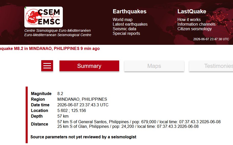 lookner's tweet photo. EMSC now has this earthquake 9 minutes ago in the Philippines as an 8.2 https://t.co/OYDCPFZV4b