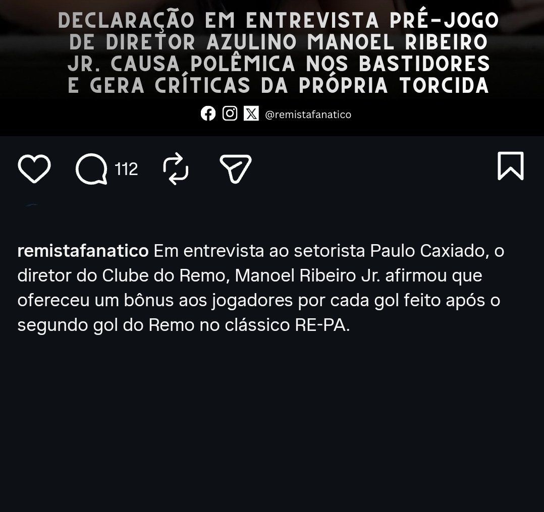 RemoInsider's tweet photo. O que me pega não é o rival ser campeão, fizeram por merecer. O que me pega é o Remo ter entrado numa competição pra ESNOBAR ela completamente, e depois que vê que deu merda, ficar tentando tirar sarro das conquistas dos outros clubes, sendo que se não fosse o REMO, era pra ser o REMO aí.

Parabéns aos rivais pelos títulos da temporada, entraram pra ser campeões e saíram campeões. E vamos pra mais um primeiro semestre do Remo que, mesmo com o maior orçamento dentre todos os clubes, saiu zerado por tratar todas essas copas como se não fosse nada.

"Copa Verde não vale nada", é, um campeonato de merda mesmo. Mais atrapalha do que ajuda. Mas se a diretoria ACEITA participar da competição, pelo menos que seja pra vencer e não pra protagonizar papelões e ainda ver o rival tirar graça da tua incompetência.

Seguimos, agora é focar na permanência na Série A e avançar as fases na Copa do Brasil. Que fique uma boa lição pro ano que vem, independente da Série que o Remo esteja.