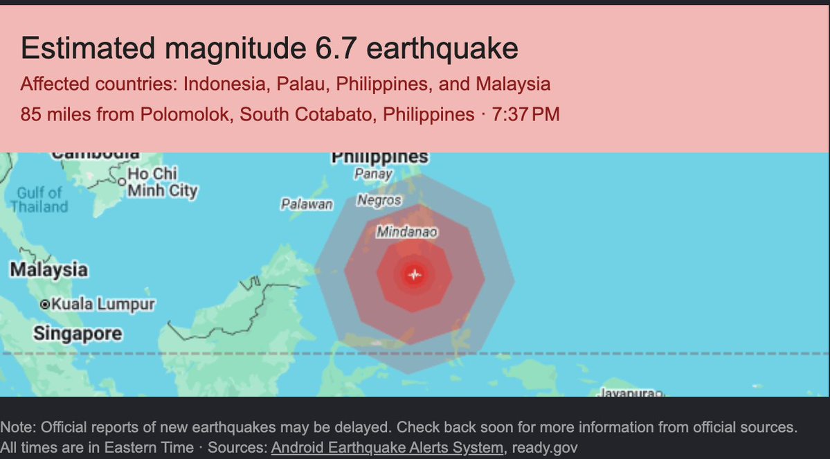 MoniFunGirl's tweet photo. 7.3 (6.7 by some accounts) Magnitude Earthquake being reported in the Philippines. at 7:37PM EST https://t.co/d7QEwsDxxw