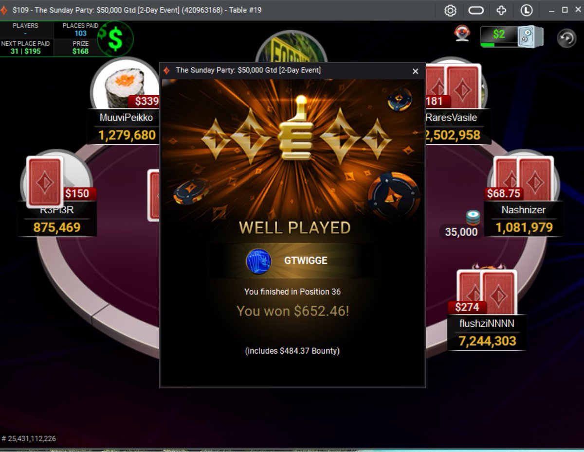 GeraldTwigge's tweet photo. OMG! What a result. From a #Freetoplay game to satellites, to entry into the @partypoker #SundayParty game and finishing in 36th spot and earning over $650. I can't thank you guys enough/ https://t.co/FYldFEgQ59