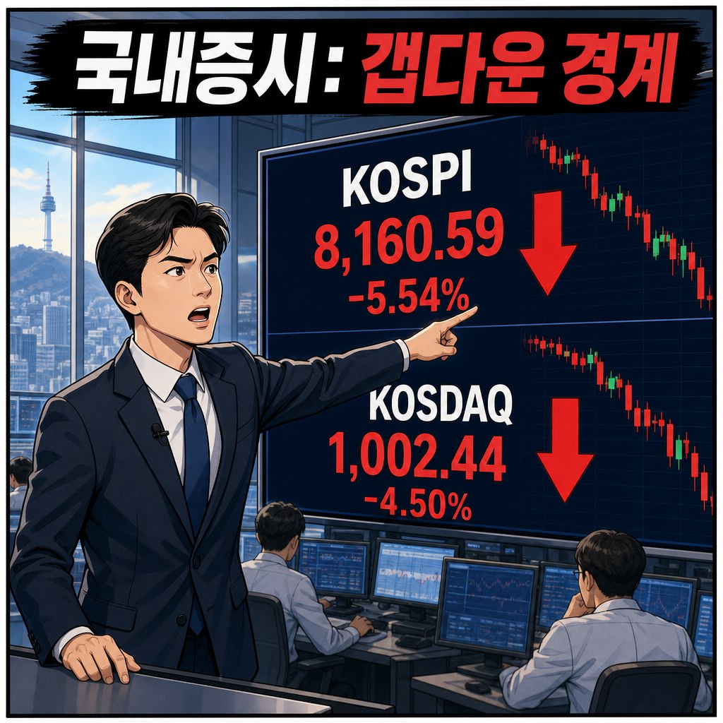 bincompleteness's tweet photo. 개장15분전! 
오늘의 증시상황 체크하고 들어가세요^^

1. 국내증시
• KOSPI 8,160.59 / -5.54%
• KOSDAQ 1,002.44 / -4.50%
• 오늘 개장 전 톤: 미 기술주 급락 + VIX 급등 영향으로 성장주·반도체 부담. 유가 하락은 인플레 완화 재료.

2. 미국장
• Dow 50,866.78 / -1.35%
• S&P500 7,383.74 / -2.64%
• Nasdaq 25,709.43 / -4.18%
• 핵심: 나스닥 낙폭이 가장 큼. 리스크오프 확산.

3. 국제정세 / 지정학
• 중동·호르무즈 리스크는 에너지 프리미엄 변수.
• 북중 관계, 관세/공급망 이슈도 아시아장 심리 부담.
• 시장은 “안전자산 선호 vs 원자재 되돌림”이 섞인 상태.

4. 유가·원자재
• WTI $90.54 / -2.69%
• Brent $93.09 / -2.04%
• Gold $4,365.30 / -2.47%
• Silver -6.34%, Copper -3.48%
• 달러 강세·차익실현 압력으로 원자재 전반 약세.

해외 참고
FTSE +0.08%, DAX -0.75%, CAC -0.32%, EuroStoxx50 -0.68%, VIX +39.68%.
출처
• Yahoo Finance chart API: KOSPI/KOSDAQ, 미국 3대 지수, 유��� 지수, VIX, 원자재 선물
• MarketWatch: S&P500·Nasdaq 급락 보도
• https://t.co/GRky2KxVWv: WTI/Brent 가격표
• Google News RSS / Reuters